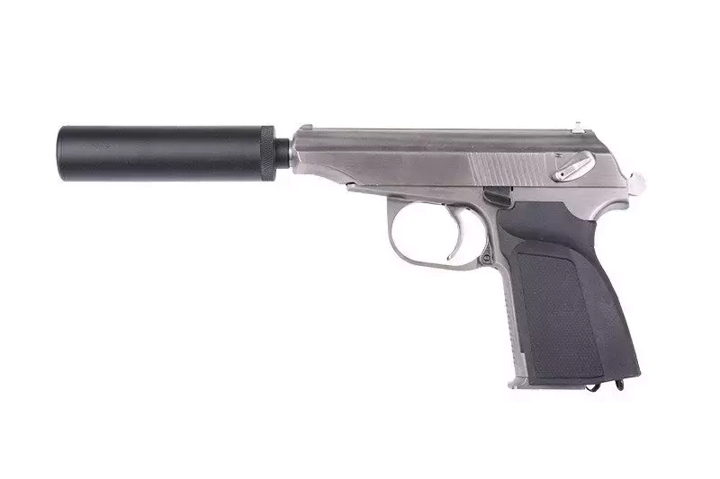 Pistola de airsoft MK con silenciador - plata
